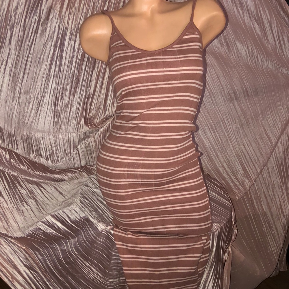 Mauve pink striped ribbed tank dress bodycon cotton midi comfy